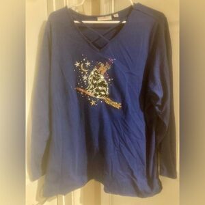 Womens Quacker Factory Cat-themed Sequined Blue Blouse Size 2X Great condition